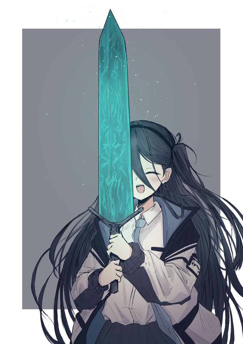 1girl, :d, ^_^, absurdly_long_hair, absurdres, aris_(blue_archive), black_hair, black_skirt