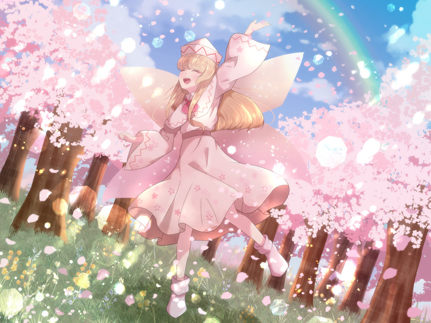 1girl, absurdres, blonde_hair, cattleya_(a_yel_ttac), cherry_blossoms, clouds, cloudy_sky, dress
