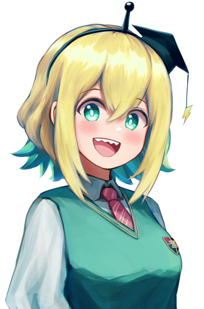 1girl, :d, amano_pikamee, aqua_eyes, aqua_hair, black_hairband, blush, collared_shirt
