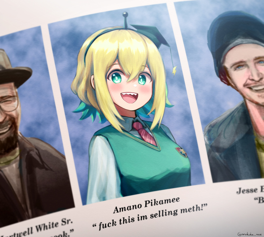 1girl, 2boys, :d, absurdres, amano_pikamee, aqua_eyes, aqua_hair, artist_name