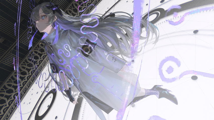 1girl, arms_at_sides, asymmetrical_legwear, asymmetrical_sleeves, black_armband, black_gloves, bloom, boots