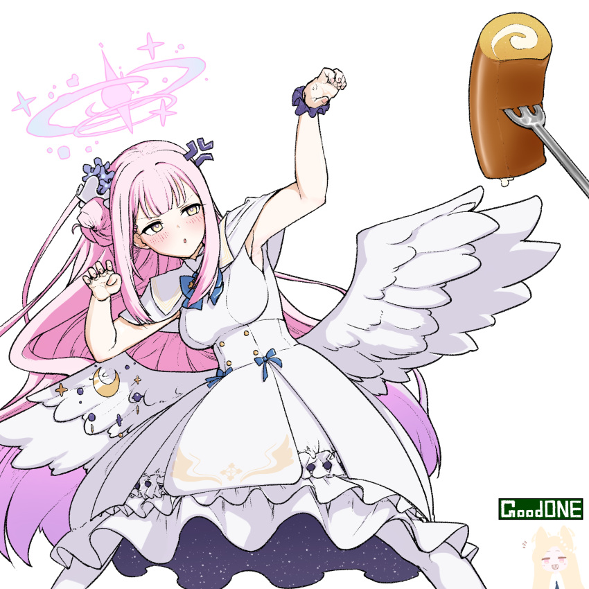 2girls, angel_wings, anger_vein, animal_ears, blonde_hair, blue_archive, blunt_bangs, bow, cake, capelet, commentary, dress, english_commentary, facing_away, feathered_wings, fighting_stance, flower, food, forehead, fork, fox_ears, fox_girl, frilled_skirt, frills, grin, hair_bun, hair_flower, hair_ornament, hair_scrunchie, halo, highres, kenatosne, long_hair, looking_away, mika_(blue_archive), multiple_girls, one_side_up, pantyhose, parted_bangs, parted_lips, pink_hair, red_eyes, school_uniform, scrunchie, seia_(blue_archive), sidelocks, simple_background, single_side_bun, skirt, sleeveless, sleeveless_dress, smile, solo_focus, swiss_roll, white_background, white_capelet, white_dress, white_pantyhose, white_wings, wings, wrist_scrunchie, yellow_eyes