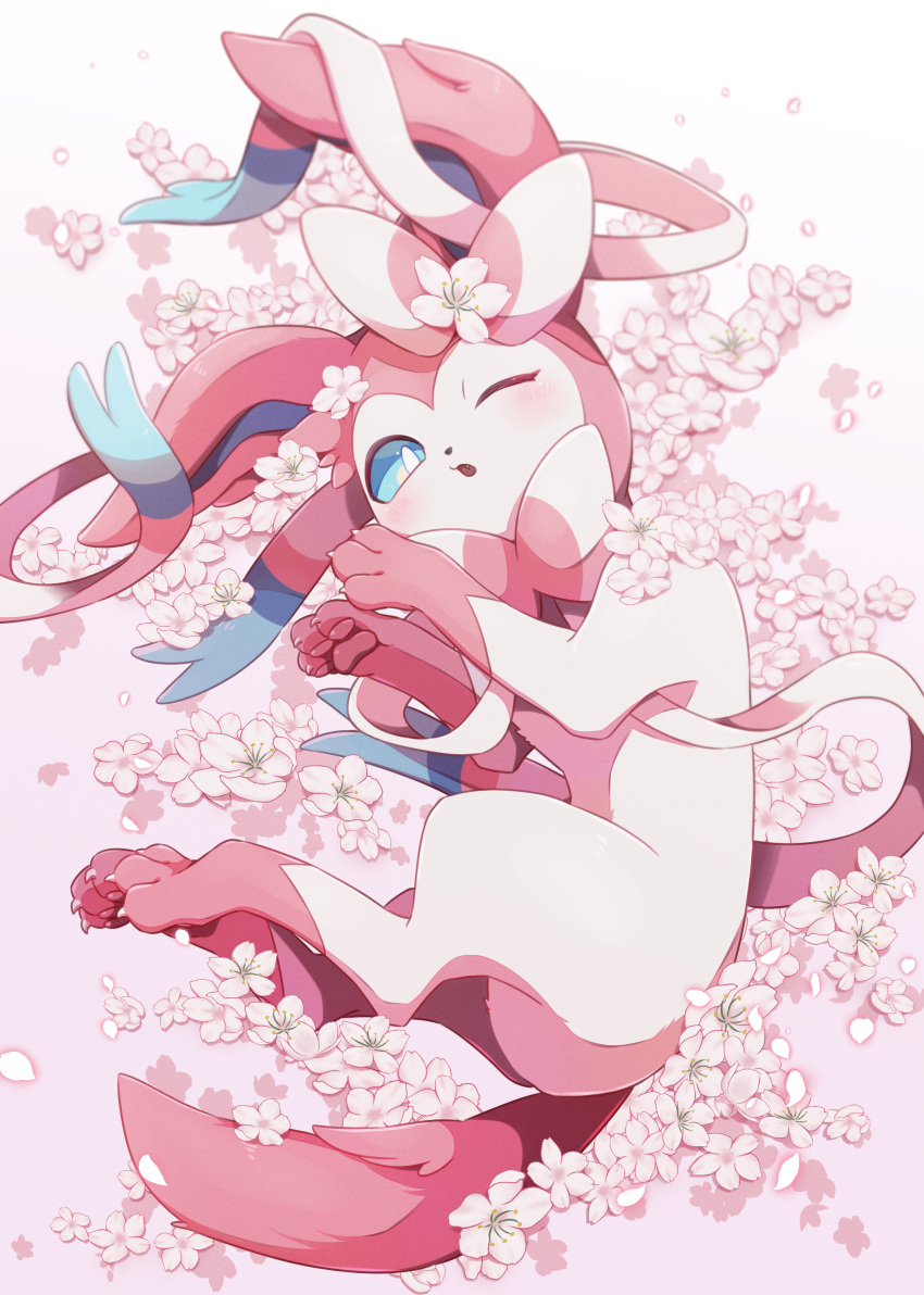 absurdres, blue_eyes, blush, bright_pupils, cherry_blossoms, claws, commentary_request, fang, flower, full_body, highres, ktyon3, looking_at_viewer, lying, no_humans, on_side, one_eye_closed, open_mouth, pawpads, petals, pink_background, pink_flower, pokemon, pokemon_(creature), simple_background, sylveon, white_pupils