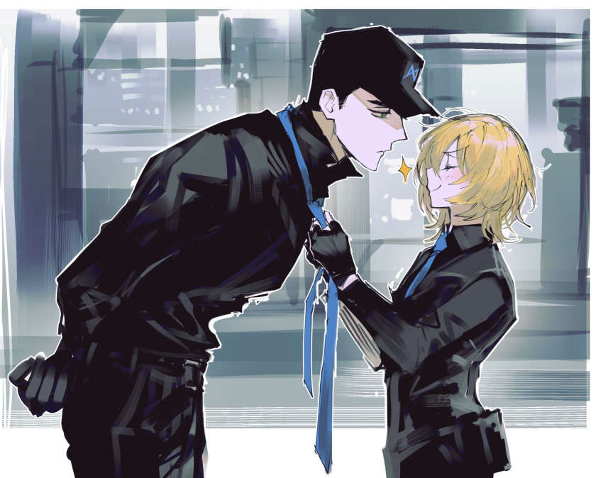 1boy, 1girl, adjusting_another's_clothes, adjusting_clothes, adjusting_necktie, baseball_cap, black_gloves, black_hair
