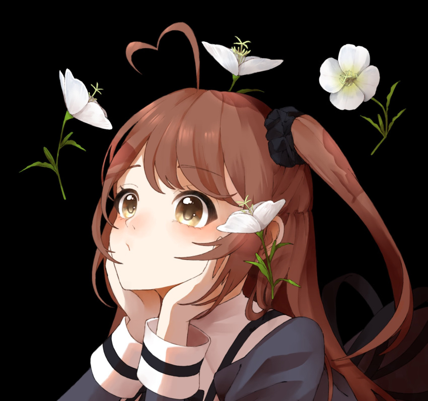 1girl, :/, ahoge, amahara_nue, assault_lily, black_background, black_scrunchie, brown_hair