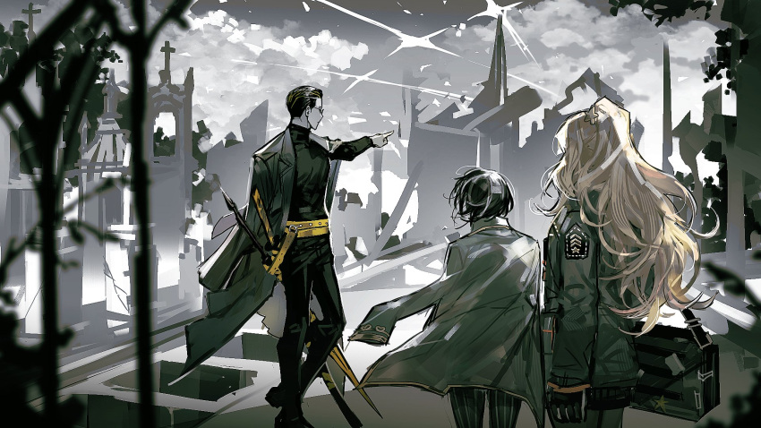 1boy, 2girls, black_coat, black_hair, black_pants, black_sweater, blonde_hair, blue_coat