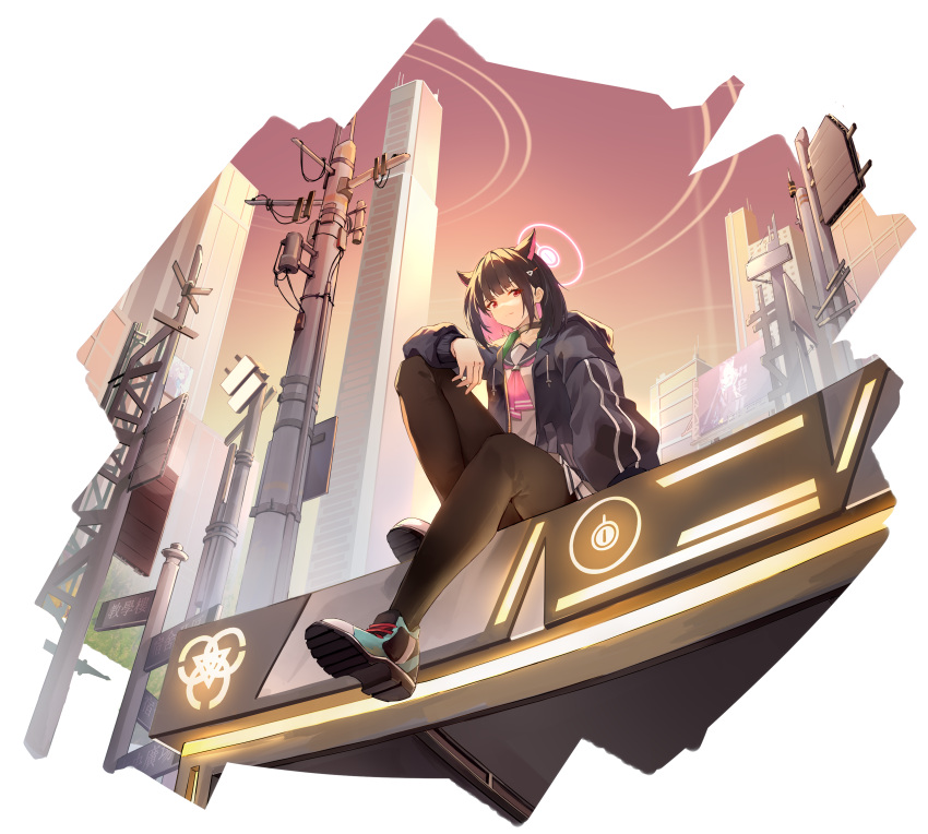 1girl, absurdres, animal_ears, black_hair, blue_archive, cat_ears, city, colored_inner_hair, evening, halo, highres, hood, hooded_jacket, jacket, kazusa_(blue_archive), koshouko_(fenrisulfr1010), multicolored_hair, pantyhose, pink_hair, red_eyes, sailor_collar, shoes, sitting, sneakers, utility_pole