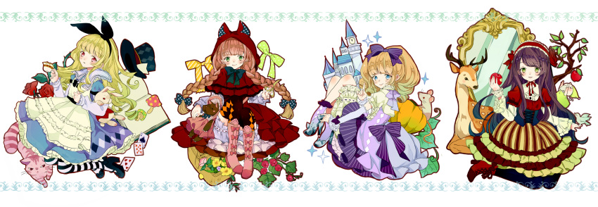 4girls, ace_of_spades, alice_(alice_in_wonderland), alice_in_wonderland, amemiya_chiyu, apple, big_bad_wolf_(grimm), bitten_apple
