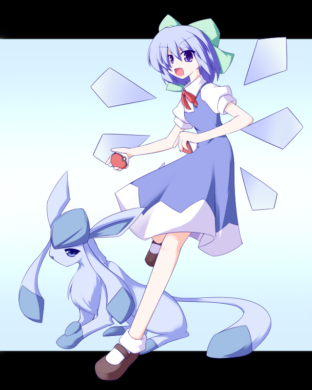 1girl, blue_eyes, blue_hair, cirno, glaceon, hair_ribbon, mary_janes, miyo_(miyomiyo01)