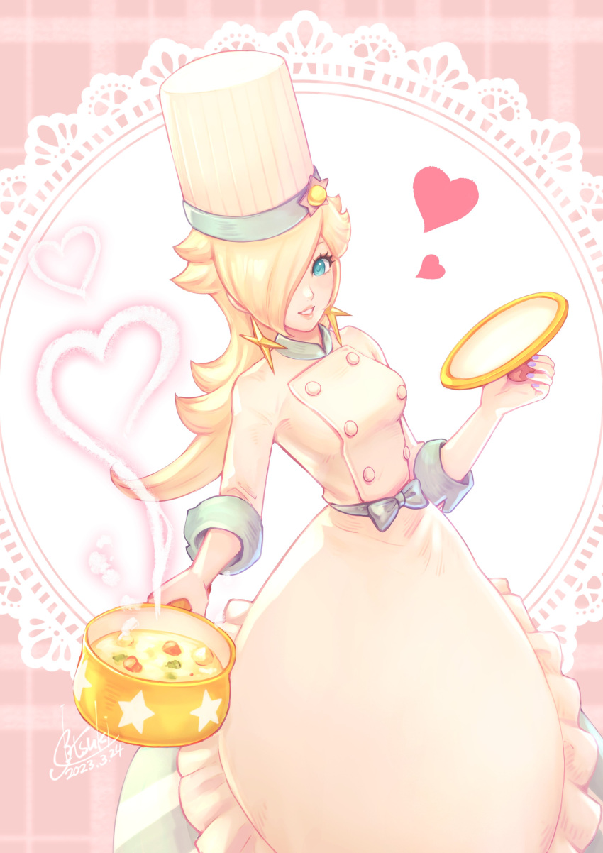 1girl, absurdres, apron, aqua_eyes, artist_name, blonde_hair, blue_bow, blue_nails