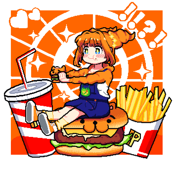 !, !!, !?, +_+, 1girl, blue_skirt, bow, brown_hair, burger, cup, drinking_straw, food, food_on_face, frog, green_eyes, hair_bow, heart, holding, holding_food, hood, hoodie, hotshosho, idolmaster, idolmaster_(classic), idolmaster_million_live!, idolmaster_million_live!_theater_days, long_hair, orange_background, orange_hoodie, pixel_art, potato, shoes, sitting, skirt, smile, sneakers, socks, solo, sparkle, suspender_skirt, suspenders, takatsuki_yayoi, twintails, wallet, yellow_socks