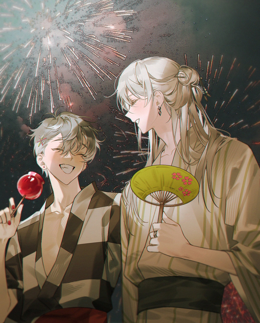 2boys, bishounen, black_hair, candy_apple, closed_eyes, earrings, festival, fireworks