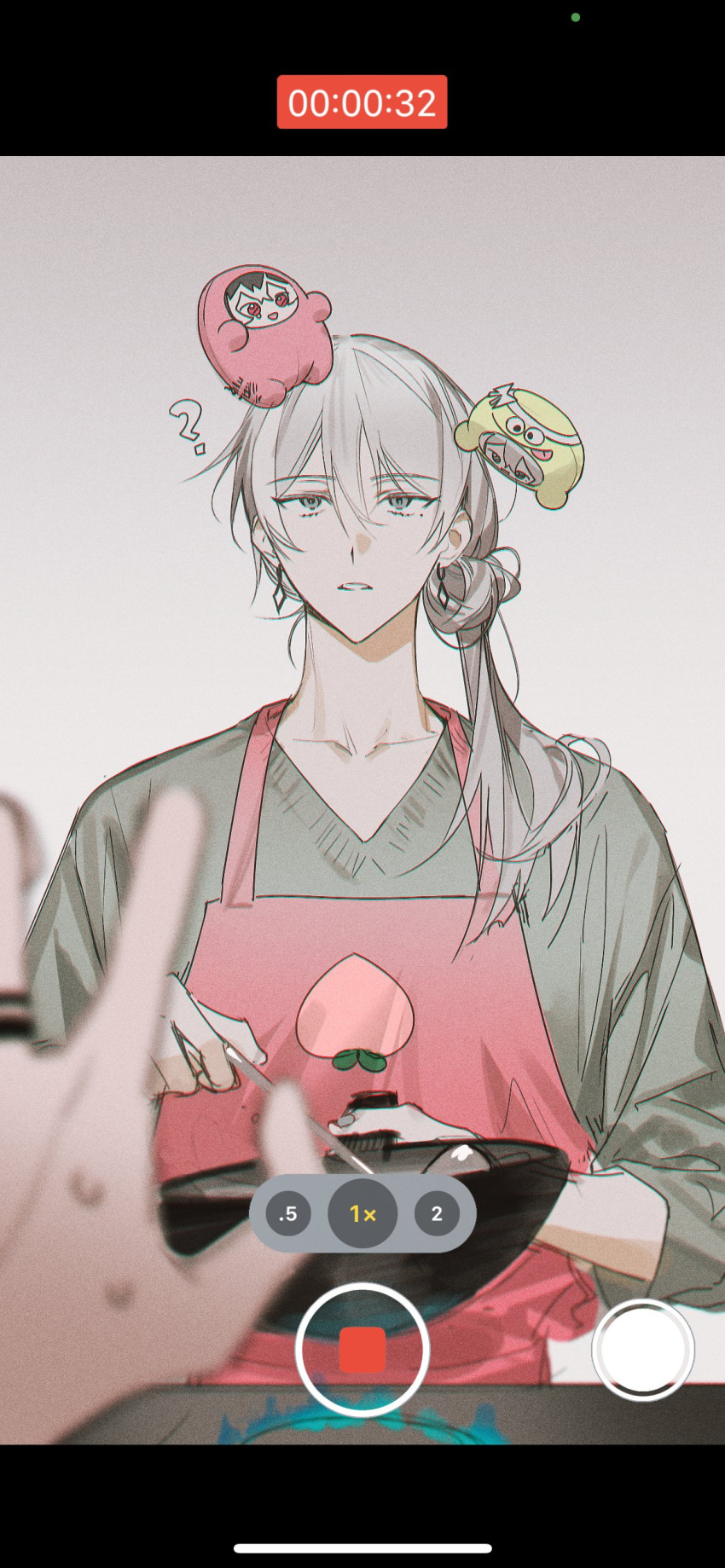 1boy, ?, absurdres, apron, camera_phone, hair_bun, highres, idolish7