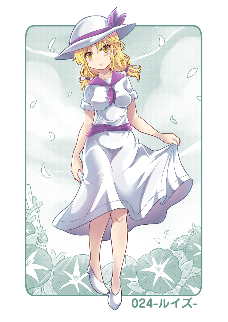 1girl, blonde_hair, breasts, colonel_aki, commentary_request, dress, flower, hat