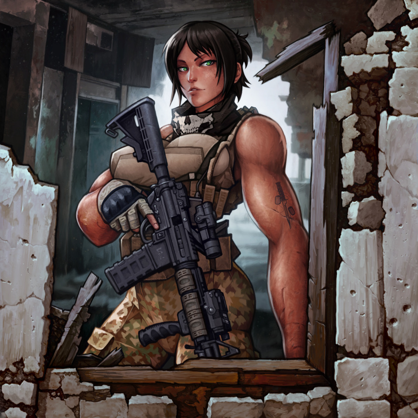 1girl, absurdres, ammunition_pouch, ar-15, bandana, breasts, broken_window, brown_hair, commission, dark_skin, fingerless_gloves, gloves, green_eyes, gun, highres, large_breasts, muscular, muscular_female, original, pouch, protey84, rifle, skull, sleeveless, soldier, solo, soulless_sketch, tattoo, trigger_discipline, weapon