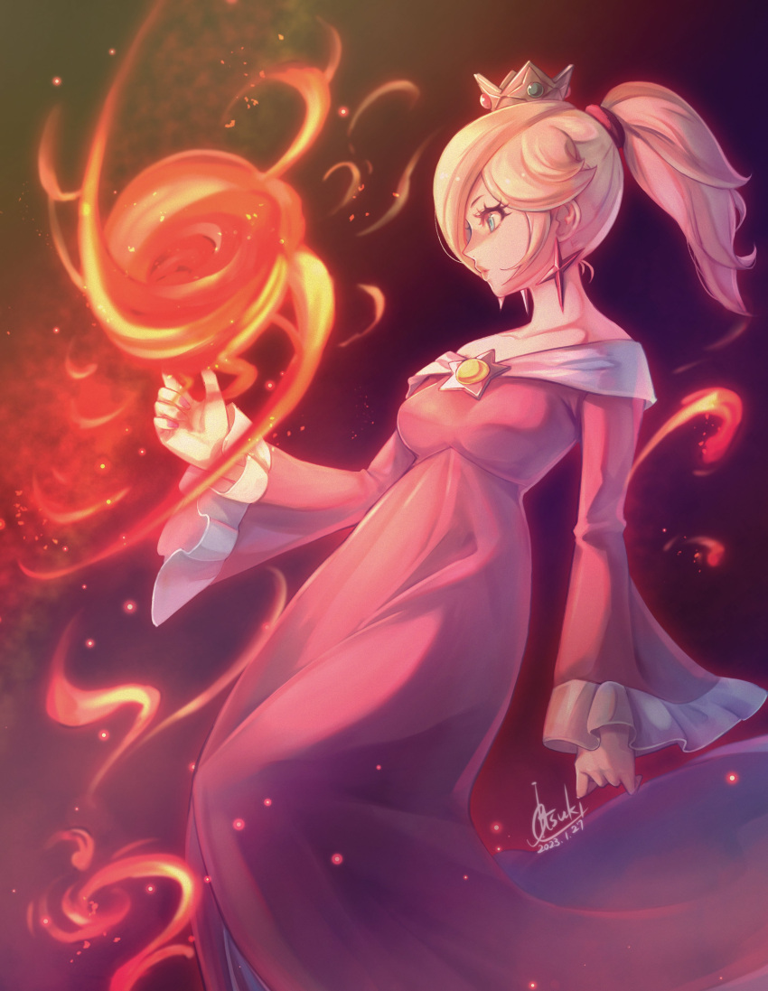1girl, absurdres, alternate_hairstyle, aqua_eyes, artist_name, bare_shoulders, blonde_hair, brooch, closed_mouth, collarbone, commentary, crown, dated, dress, earrings, english_commentary, eyelashes, fire, fire_rosalina, frilled_sleeves, frills, gem, hair_ornament, hair_tie, hand_up, high_ponytail, highres, jewelry, lips, long_hair, long_sleeves, mini_crown, off-shoulder_dress, off_shoulder, parted_bangs, ponytail, profile, red_dress, rosalina, sidelocks, signature, solo, star_(symbol), star_earrings, super_mario_3d_world, super_mario_bros., swept_bangs, tsuki_(applebeniakari), wide_sleeves
