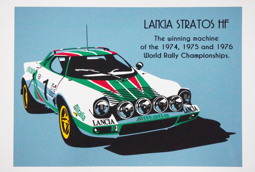 blue_background, border, car, english_text, ground_vehicle, lancia_(brand), lancia_stratos, motor_vehicle, no_humans, original, race_vehicle, racecar, shadow, spoiler_(automobile), suganuma_naoki, vehicle_focus, white_border