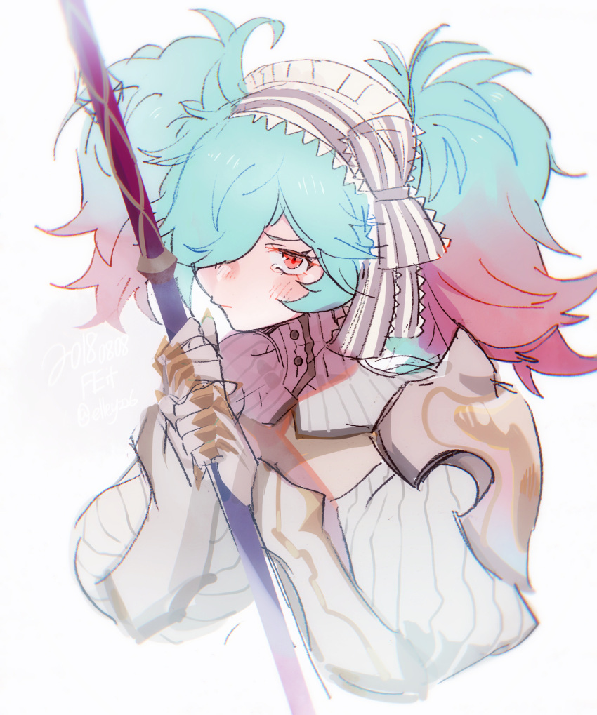 1girl, blue_hair, commentary_request, elley226, fire_emblem, fire_emblem_fates, highres, holding, holding_polearm, holding_weapon, looking_at_viewer, multicolored_hair, peri_(fire_emblem), pink_hair, polearm, red_eyes, short_twintails, solo, turtleneck, twintails, two-tone_hair, upper_body, weapon