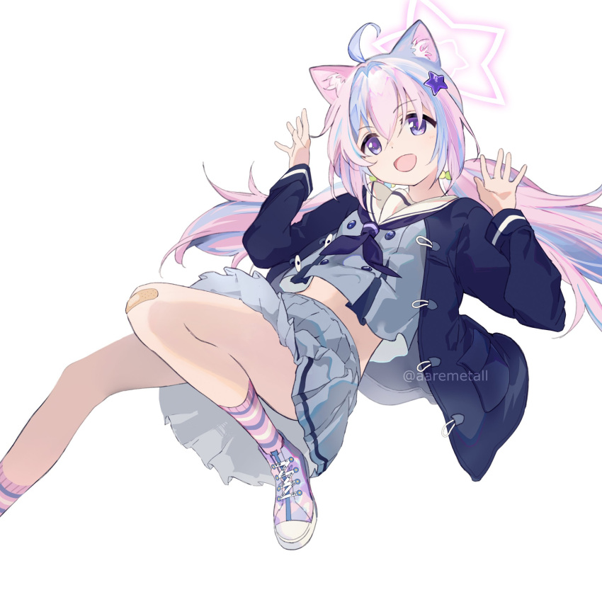 1girl, :d, absurdres, ahoge, animal_ear_fluff, bandaid, black_coat, blue_archive