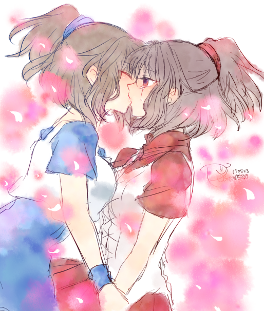 2girls, arle_nadja, blue_skirt, blush, brown_eyes, brown_hair, closed_eyes, commentary_request, crying, crying_with_eyes_open, doppelganger_arle, holding_hands, kiss, madou_monogatari, multiple_girls, ponytail, puyopuyo, red_skirt, ri25to, skirt, tears, yuri