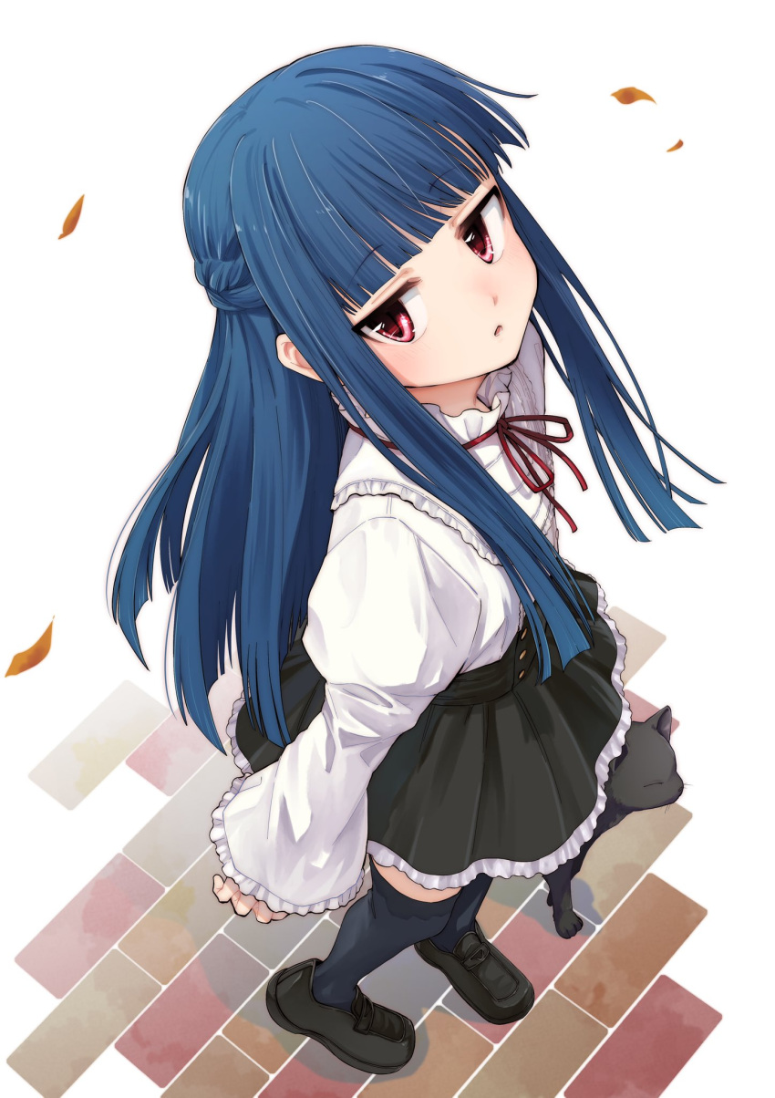 1girl, black_cat, black_footwear, black_skirt, black_thighhighs, blue_hair, brick_floor, buttons