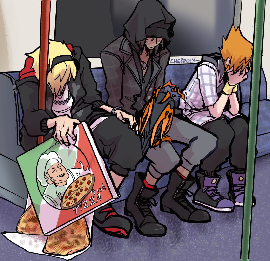 3boys, artist_name, bitou_daisukenojou, black_footwear, blonde_hair, boots, cheppo, covering_face, dark-skinned_male, dark_skin, derivative_work, food, fresh_pizza_girl_meets_raven_girl_(meme), headband, hood, jewelry, male_focus, meme, minamimoto_shou, multiple_boys, necklace, noise_(twewy), orange_hair, pizza, pizza_box, pole, sakuraba_neku, shin_subarashiki_kono_sekai, shoes, sitting, sneakers, subarashiki_kono_sekai, subway, wristband, yellow_wristband