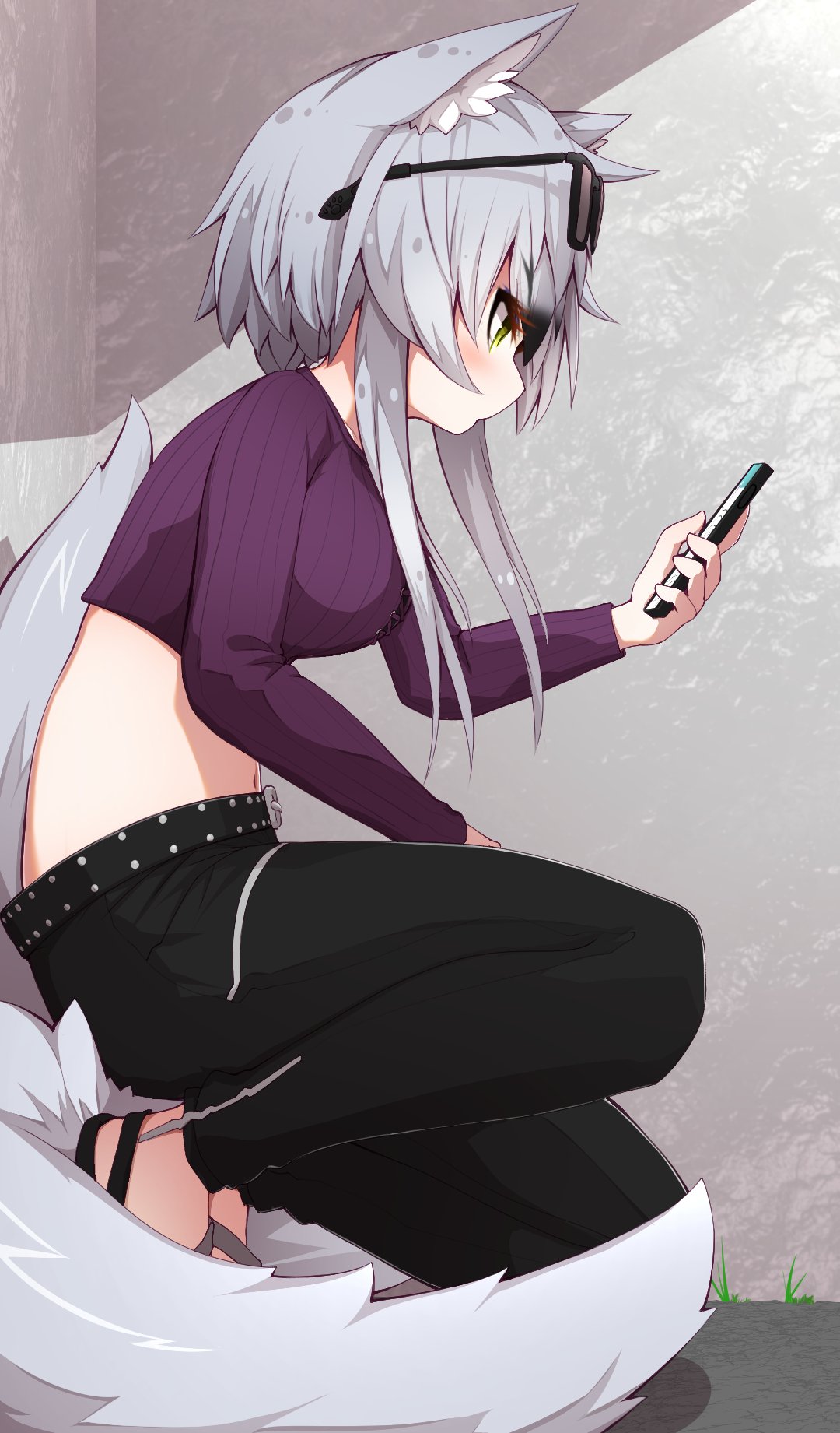 1girl, animal_ears, black_footwear, black_hair, black_pants, casual, cellphone, crop_top