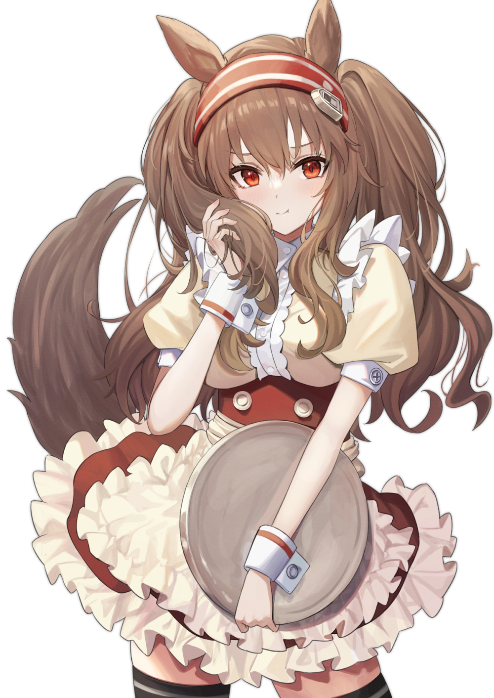 1girl, :t, angelina_(arknights), animal_ears, apron, arknights, black_thighhighs, brown_hair, brown_shirt, closed_mouth, commentary_request, cowboy_shot, frilled_apron, frilled_skirt, frills, hair_between_eyes, hairband, highres, holding, holding_tray, kiukoma, long_hair, looking_at_viewer, puffy_short_sleeves, puffy_sleeves, red_eyes, red_hairband, red_skirt, shirt, short_sleeves, simple_background, skirt, solo, standing, tail, thigh-highs, tray, twintails, v-shaped_eyebrows, very_long_hair, white_apron, white_background, wrist_cuffs