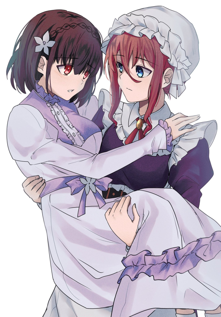 2girls, apron, black_hair, blue_eyes, blush, braid, carrying, commentary_request