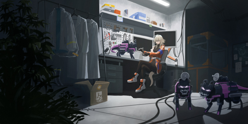 1girl, 3d_printer, absurdres, arknights, armband, black_gloves, black_pantyhose, black_sweater
