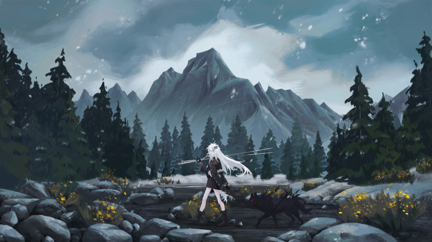 1girl, absurdres, animal_ears, arknights, black_coat, black_dress, black_footwear, black_gloves