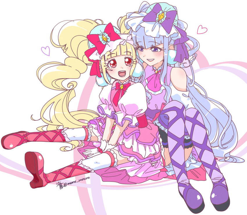 2girls, aisaki_emiru, blonde_hair, blunt_bangs, blush, boots, bow, commentary_request