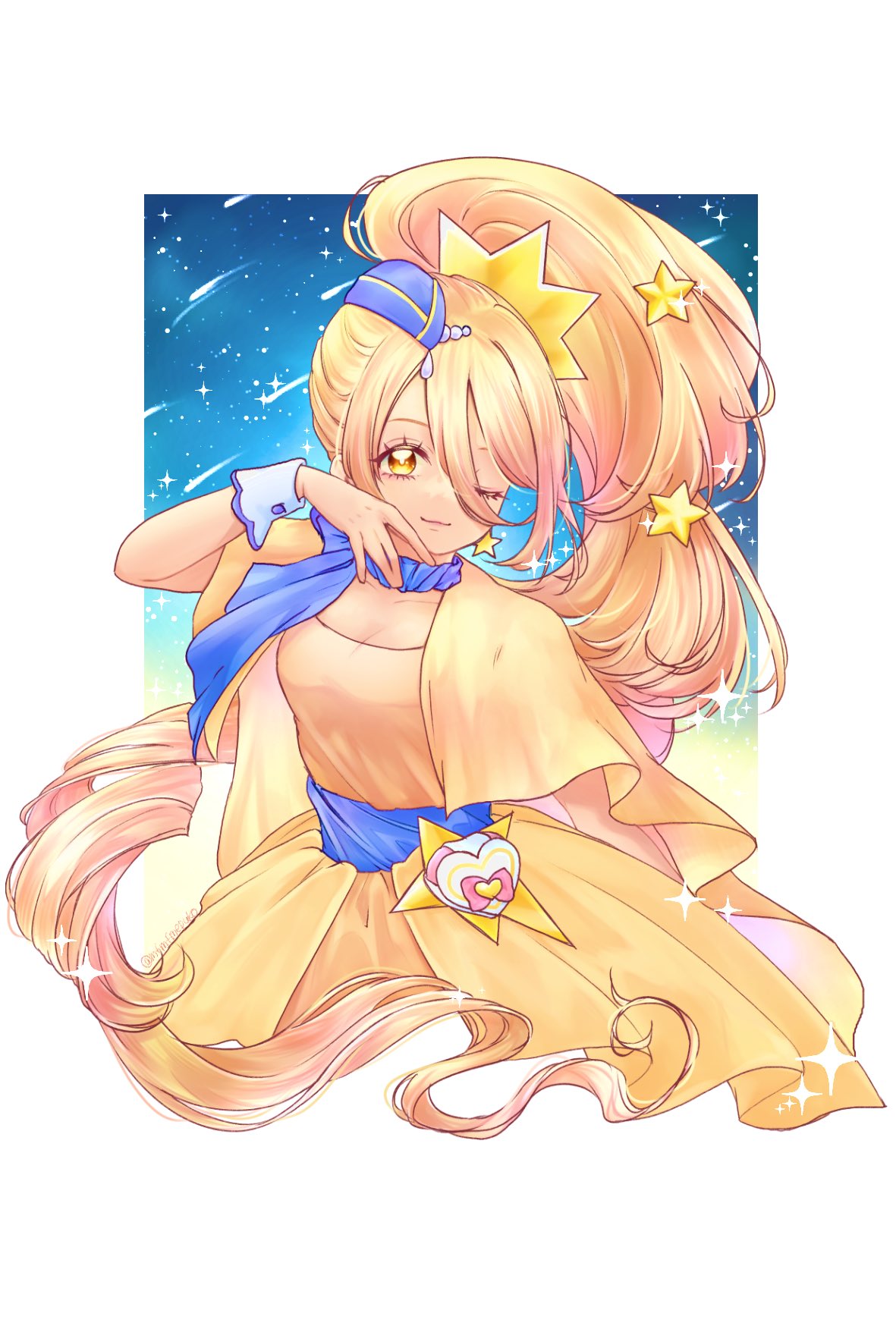 1girl, blonde_hair, blue_headwear, cure_etoile, dress, earrings, garrison_cap, hat