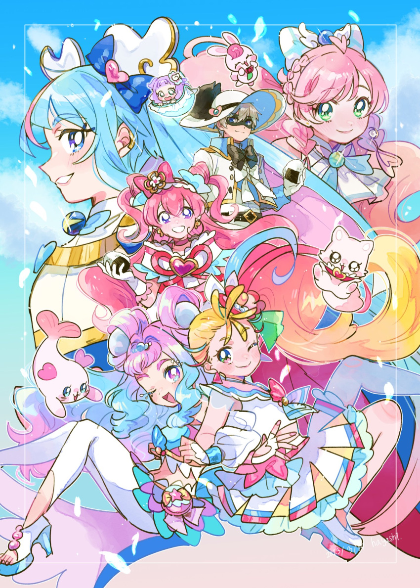 1boy, 5girls, ahoge, ascot, black_pepper_(precure), blonde_hair, blue_eyes, blue_hair