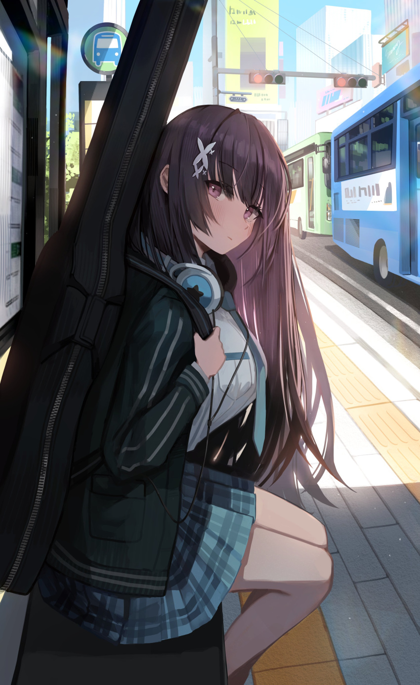 1girl, absurdres, billboard, black_hair, black_jacket, blunt_ends, blush, breast_pocket