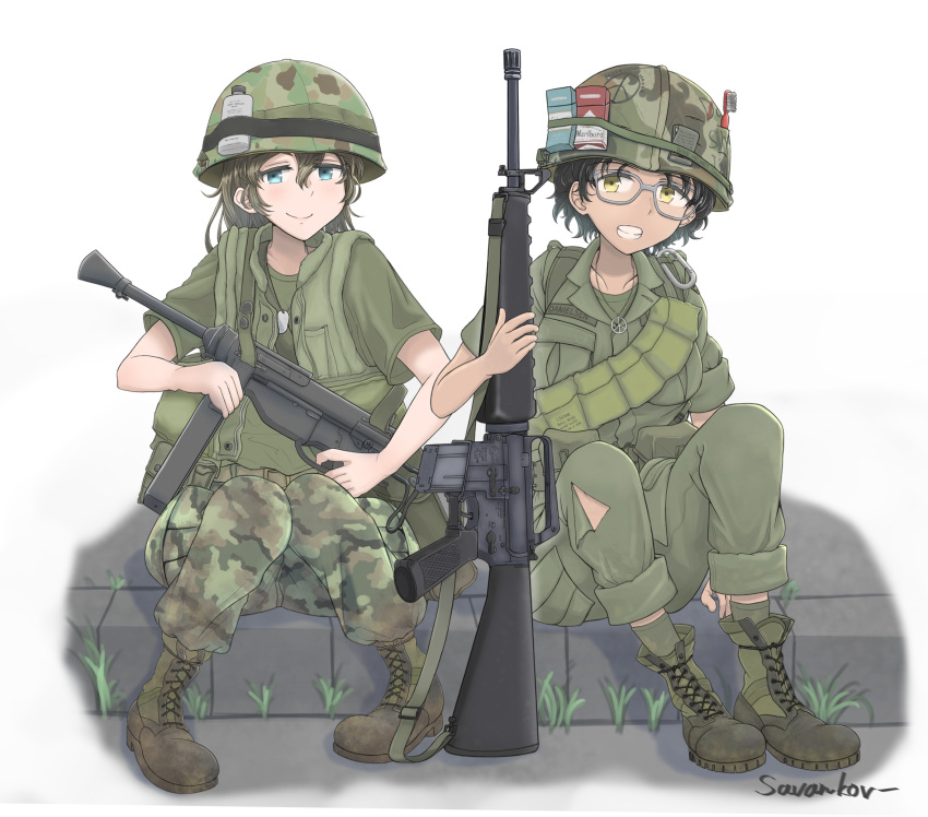 2girls, ammunition_pouch, arm_support, artist_name, assault_rifle, backpack, bag, belt, belt_pouch, black_hair, blue_eyes, boots, bottle, breast_pocket, camouflage, camouflage_footwear, camouflage_headwear, camouflage_pants, cigarette_pack, collared_shirt, combat_boots, combat_helmet, commentary, cross-laced_footwear, dark-skinned_female, dark_skin, dog_tags, english_commentary, fatigues, flak_jacket, full_body, glasses, grass, green_bag, green_belt, green_footwear, green_headwear, green_shirt, green_socks, green_vest, grey-framed_eyewear, gun, headwear_writing, helmet, highres, holding, holding_gun, holding_weapon, jacket, jewelry, lace-up_boots, long_hair, looking_at_viewer, m16, m1_helmet, m3_submachine_gun, military, military_helmet, military_uniform, multiple_girls, name_tag, necklace, open_collar, open_mouth, original, pants, pants_rolled_up, pants_tucked_in, pavement, peace_symbol, pocket, pouch, rifle, savankov, shirt, short_hair, short_sleeves, simple_background, sitting, sleeves_rolled_up, sling, smile, socks, soldier, submachine_gun, t-shirt, teeth, toothbrush, torn_clothes, torn_pants, uniform, united_states_army, utility_belt, vest, vietnam_war, weapon, white_background, woodland_camouflage, yellow_eyes