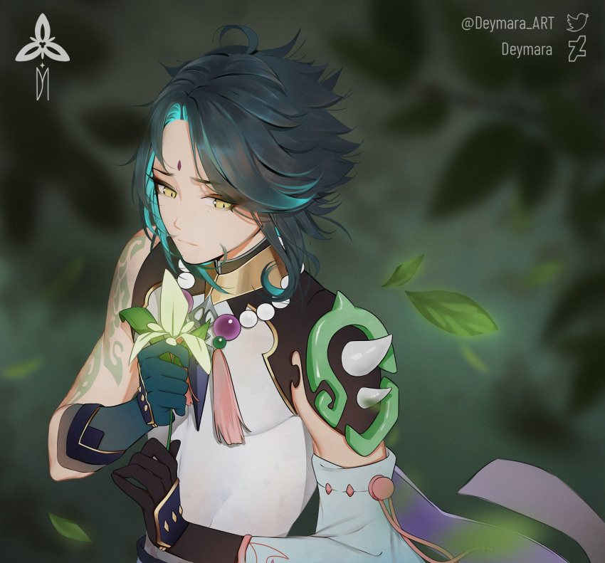 1boy, arm_tattoo, bead_necklace, beads, black_gloves, cecilia_flower_(genshin_impact), detached_sleeves, deymara