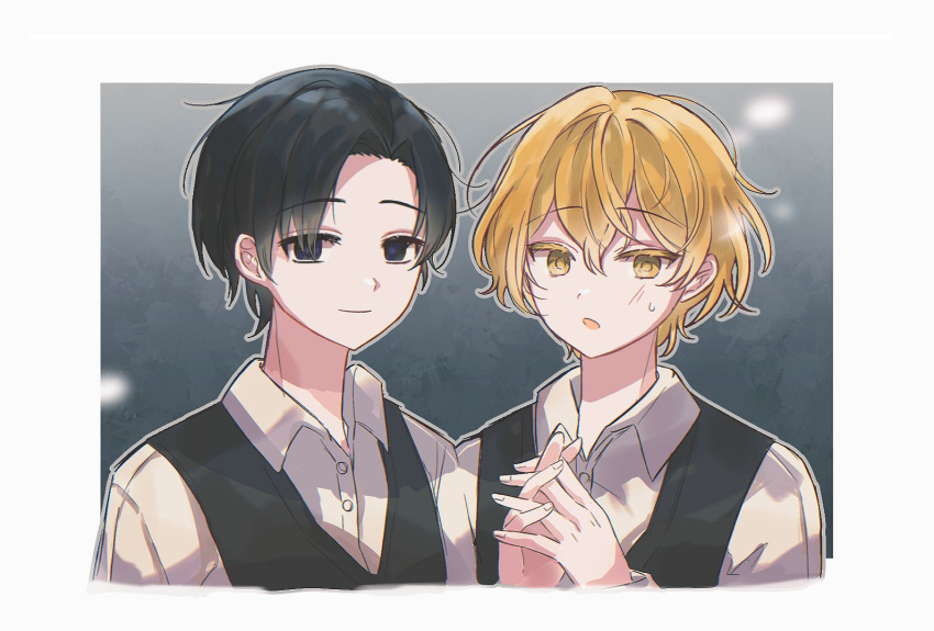 2boys, black_hair, black_vest, blonde_hair, blue_eyes, chromatic_aberration, closed_mouth, collared_shirt
