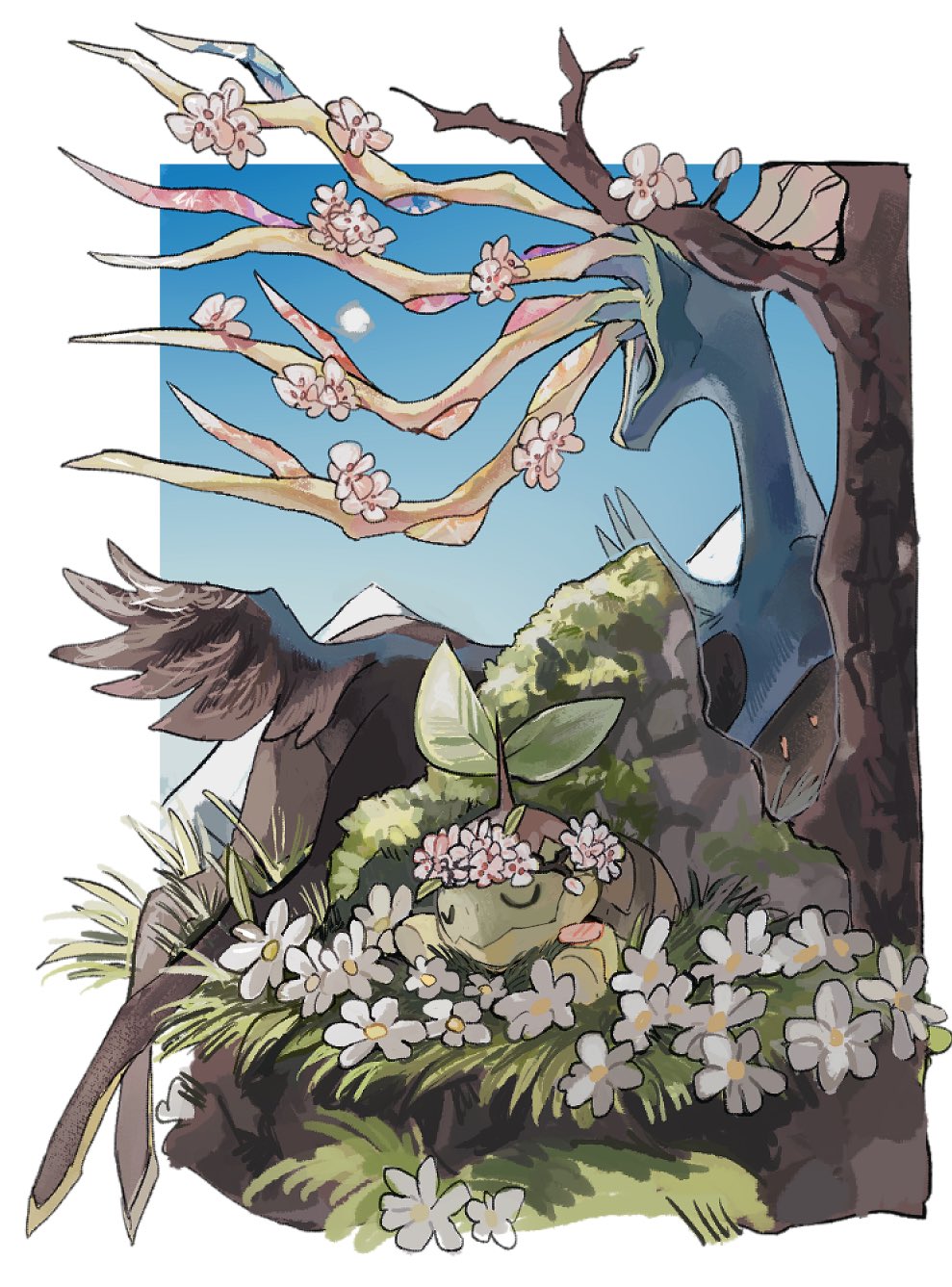 blue_sky, cherry_blossoms, closed_eyes, closed_mouth, flower, flower_on_head, flower_wreath, grass, highres, homilmugi, korean_commentary, lying, on_grass, on_stomach, pink_flower, pokemon, pokemon_(creature), sky, sleeping, tree, turtwig, white_flower, xerneas