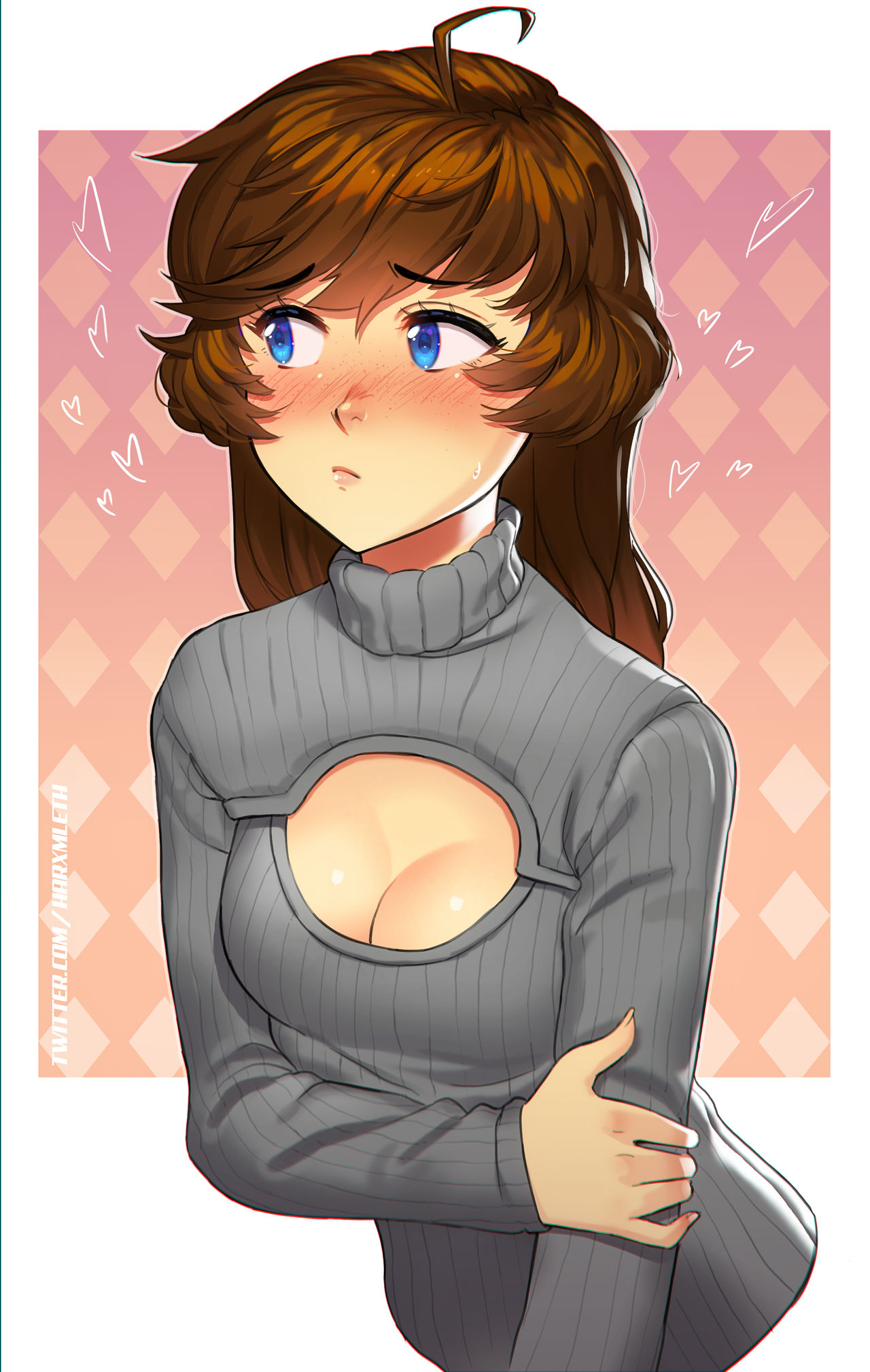 1girl, blue_eyes, breasts, brooke_(mathias_leth), brown_hair, cleavage, cleavage_cutout, closed_mouth