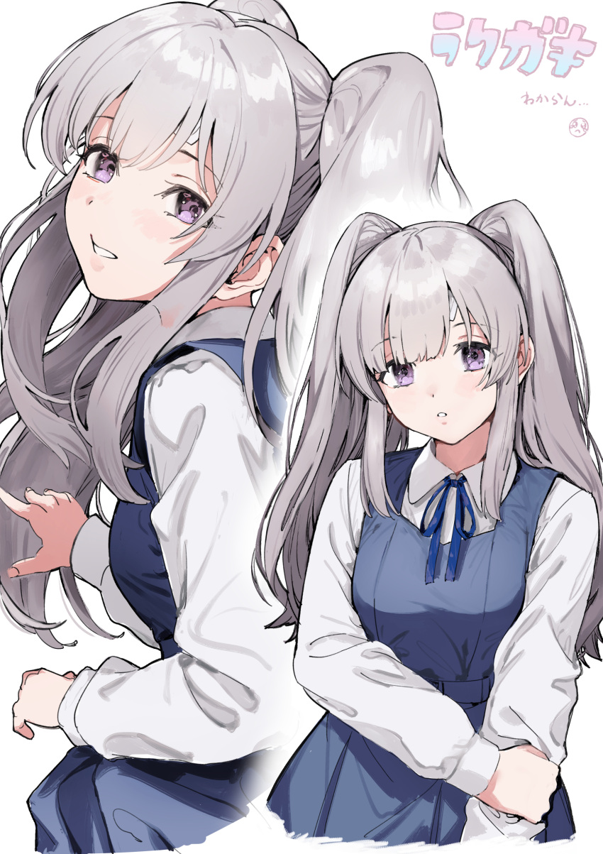 1girl, absurdres, atagumo_yuba, bandaid, bandaid_on_face, blue_dress, blue_ribbon, dress, grey_hair, hand_on_own_arm, highres, idolmaster, idolmaster_shiny_colors, long_hair, long_sleeves, looking_at_viewer, looking_back, multiple_views, ribbon, school_uniform, solo, twintails, upper_body, violet_eyes, white_background, yukoku_kiriko