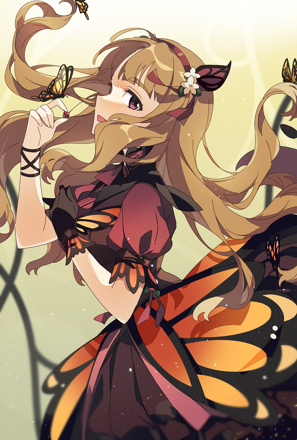 1girl, ap_bar, arm_up, black_gloves, bow, brown_eyes, brown_hair, bug