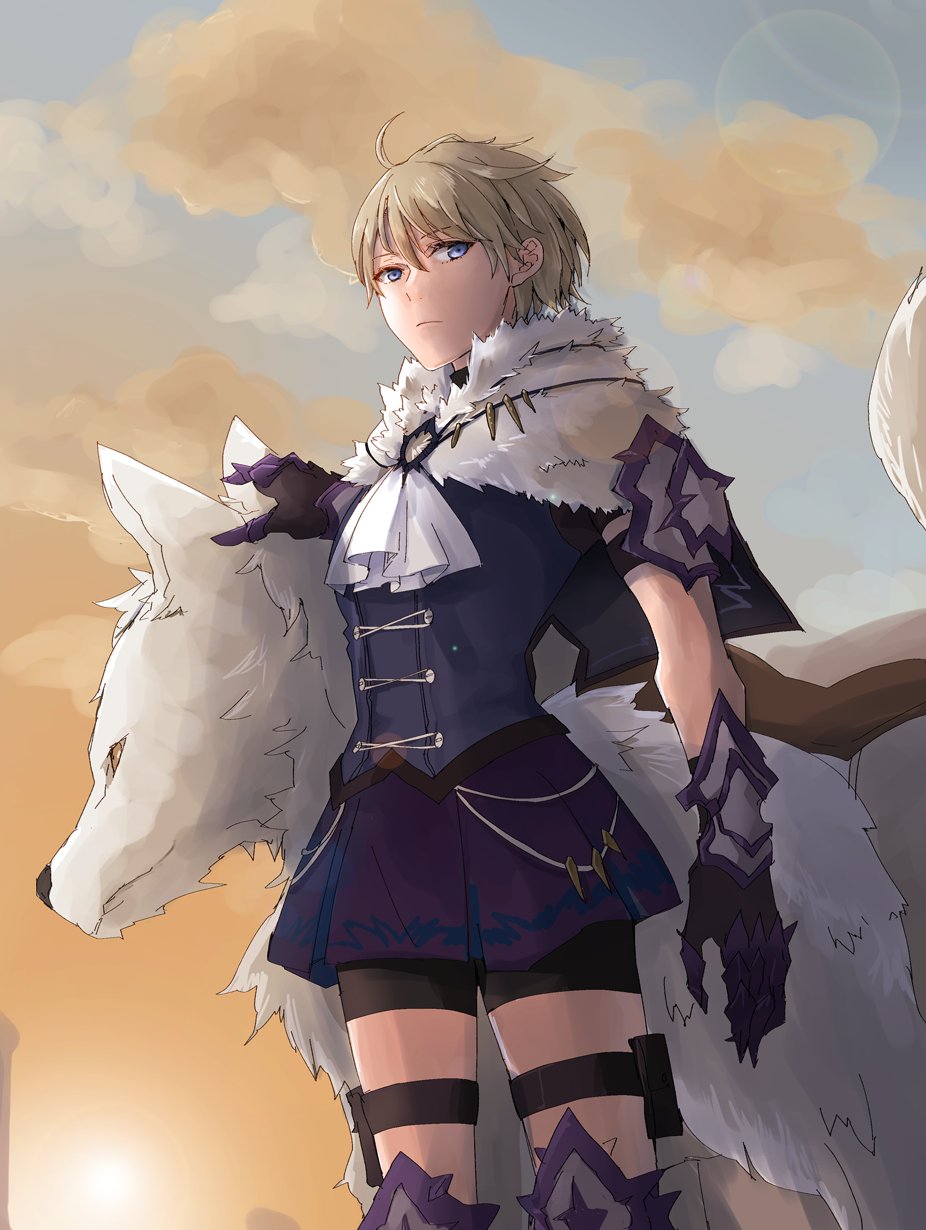 1girl, animal, armor, ascot, blonde_hair, blue_eyes, closed_mouth, fire_emblem