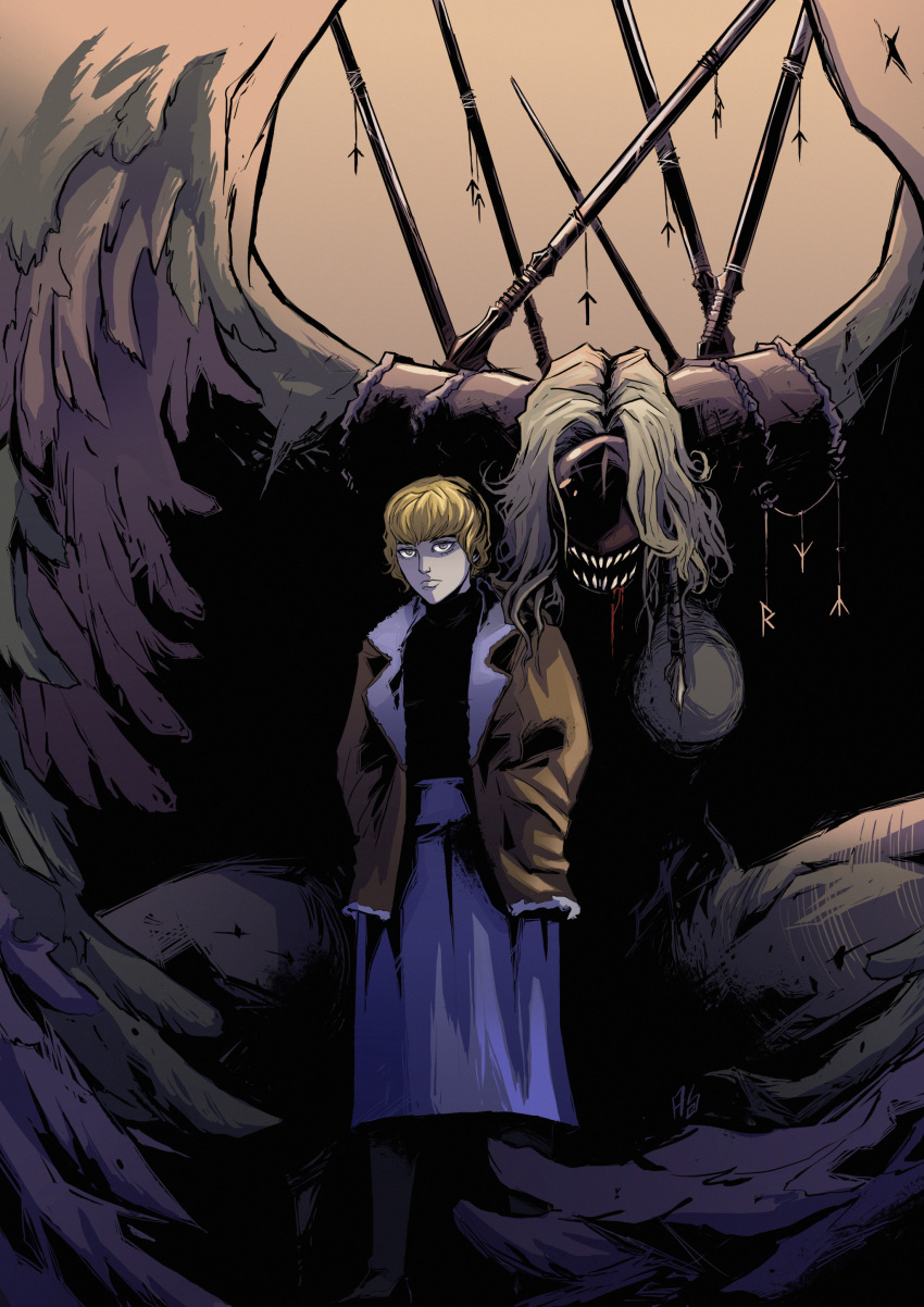 1girl, black_sweater, blonde_hair, blood, blood_on_face, blue_skirt, brown_jacket, closed_mouth