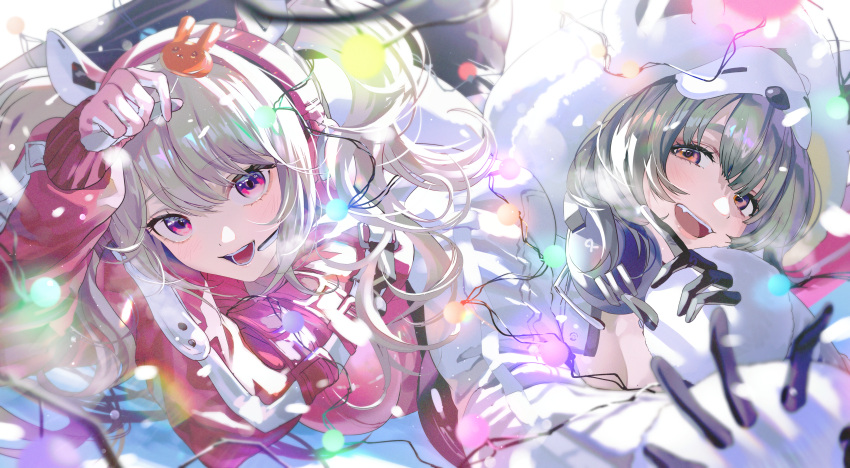 2girls, absurdres, alice_(nikke), animal_ears, animal_hood, black_bodysuit, blush, bodysuit, breasts, eyebrows_hidden_by_hair, fake_animal_ears, fur-trimmed_hood, fur-trimmed_sleeves, fur_trim, gloves, goddess_of_victory:_nikke, grey_hair, headphones, headset, highres, hood, hood_up, impossible_bodysuit, impossible_clothes, jacket, koujisako, latex, latex_bodysuit, long_hair, long_sleeves, looking_at_viewer, mask, mask_on_head, multicolored_clothes, multicolored_gloves, multiple_girls, neve_(nikke), open_jumpsuit, open_mouth, pink_bodysuit, pink_eyes, pink_gloves, pink_headphones, red_jacket, shrug_(clothing), skin_tight, sleep_mask, twintails, two-tone_gloves