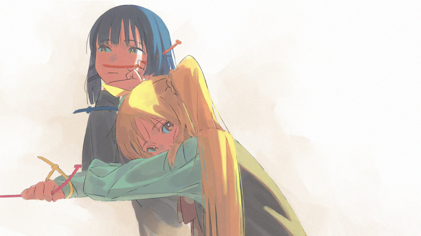 2girls, blonde_hair, blue_hair, bocchi_the_rock!, cable_tie, cardigan, hair_ornament, highres