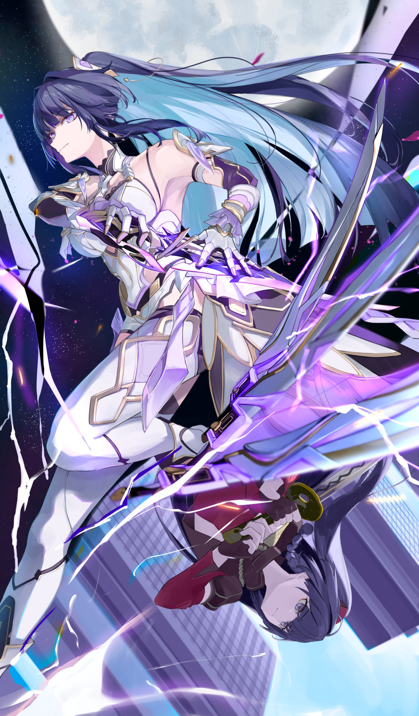 1girl, absurdres, armor, armored_boots, bare_shoulders, black_gloves, blue_hair, blue_sky