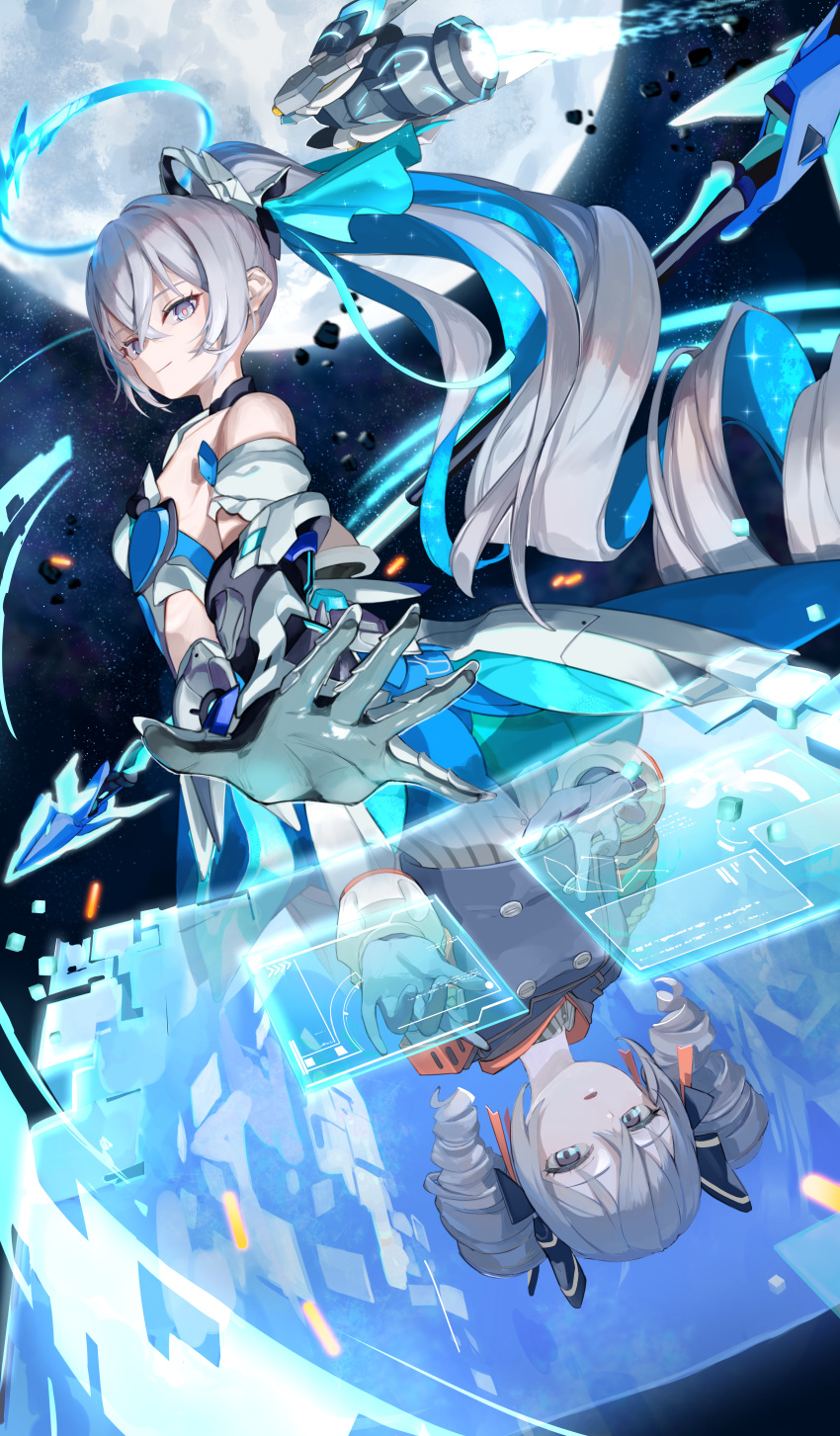 1girl, absurdres, armor, bare_shoulders, blue_hair, blue_jacket, blue_ribbon, bronya_zaychik