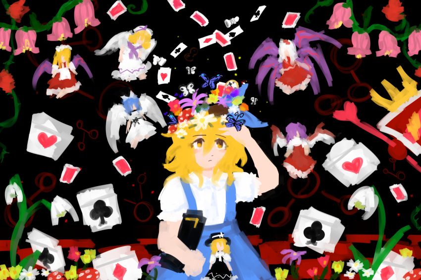 6+girls, alice_in_wonderland, alice_margatroid, alice_margatroid_(pc-98), black_headwear, blonde_hair, blue_dress, blue_hair