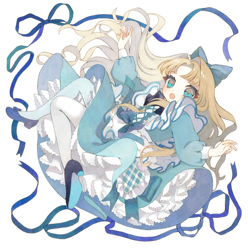 1girl, alice_(alice_in_wonderland), alice_in_wonderland, blonde_hair, blue_dress, blue_eyes, blue_ribbon, dress, full_body, highres, karin_(salmonosushi), looking_at_viewer, marker_(medium), open_mouth, original, ribbon, simple_background, solo, traditional_media, white_background